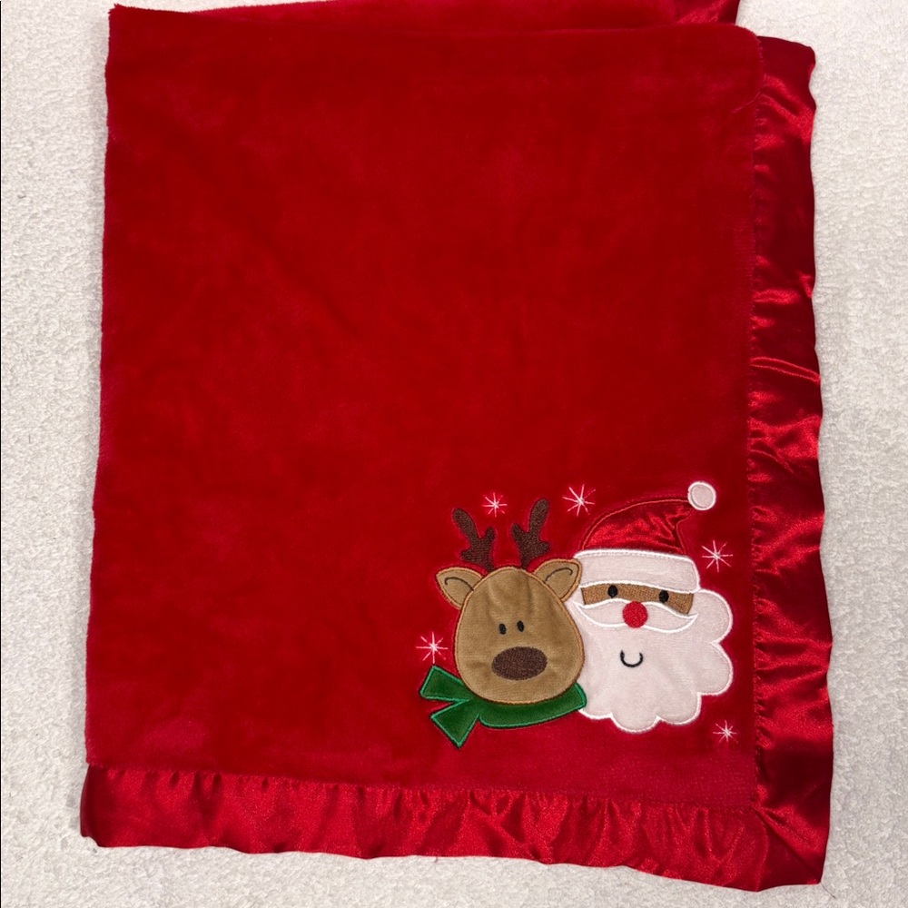 Baby Essentials Red Holiday satin trim Santa reindeer Blanket